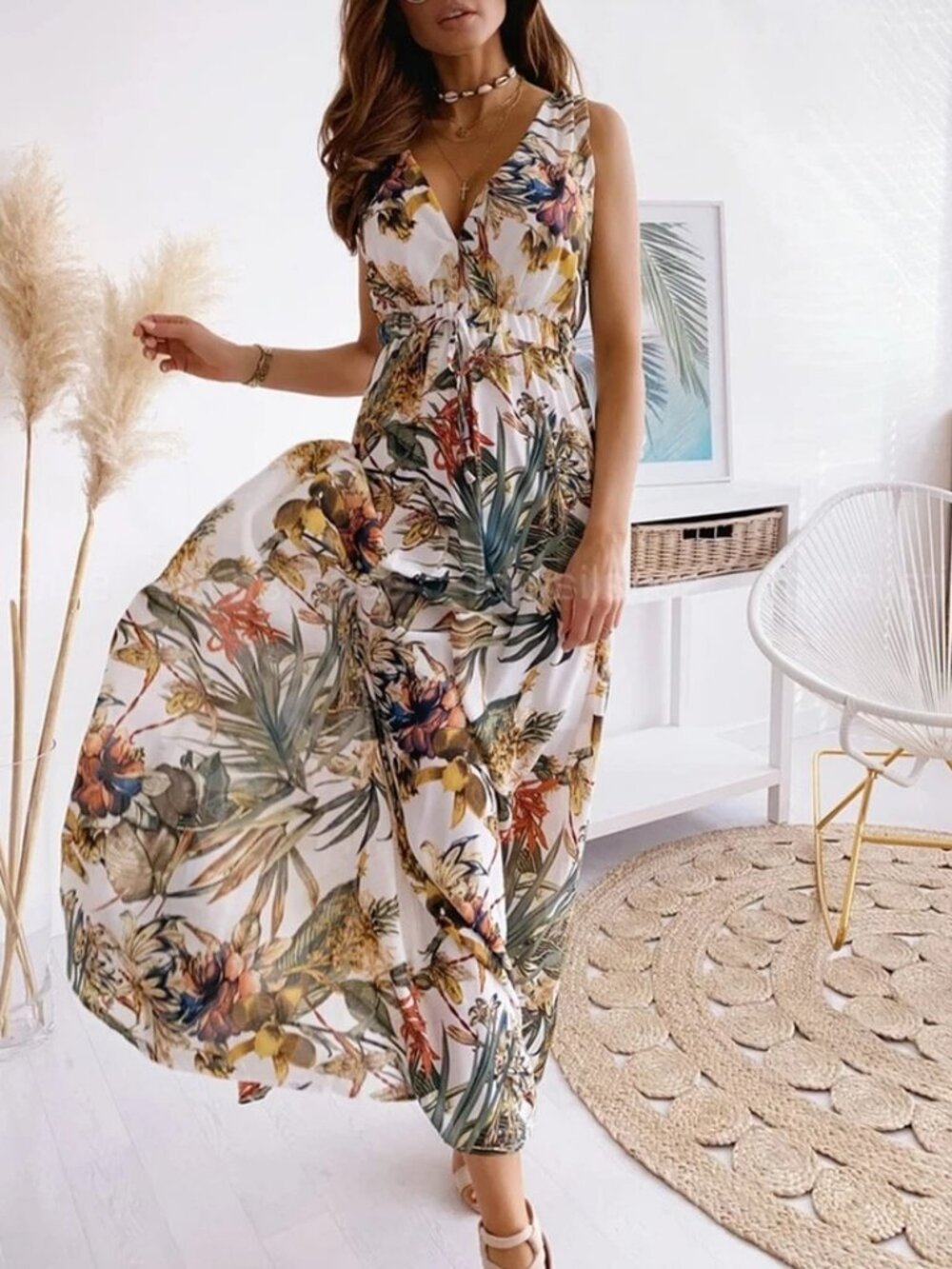 Women's Sleeveless V Neck Boho Floral Maxi Dress Summer Beach Backless Sundress - Picture 6 of 6